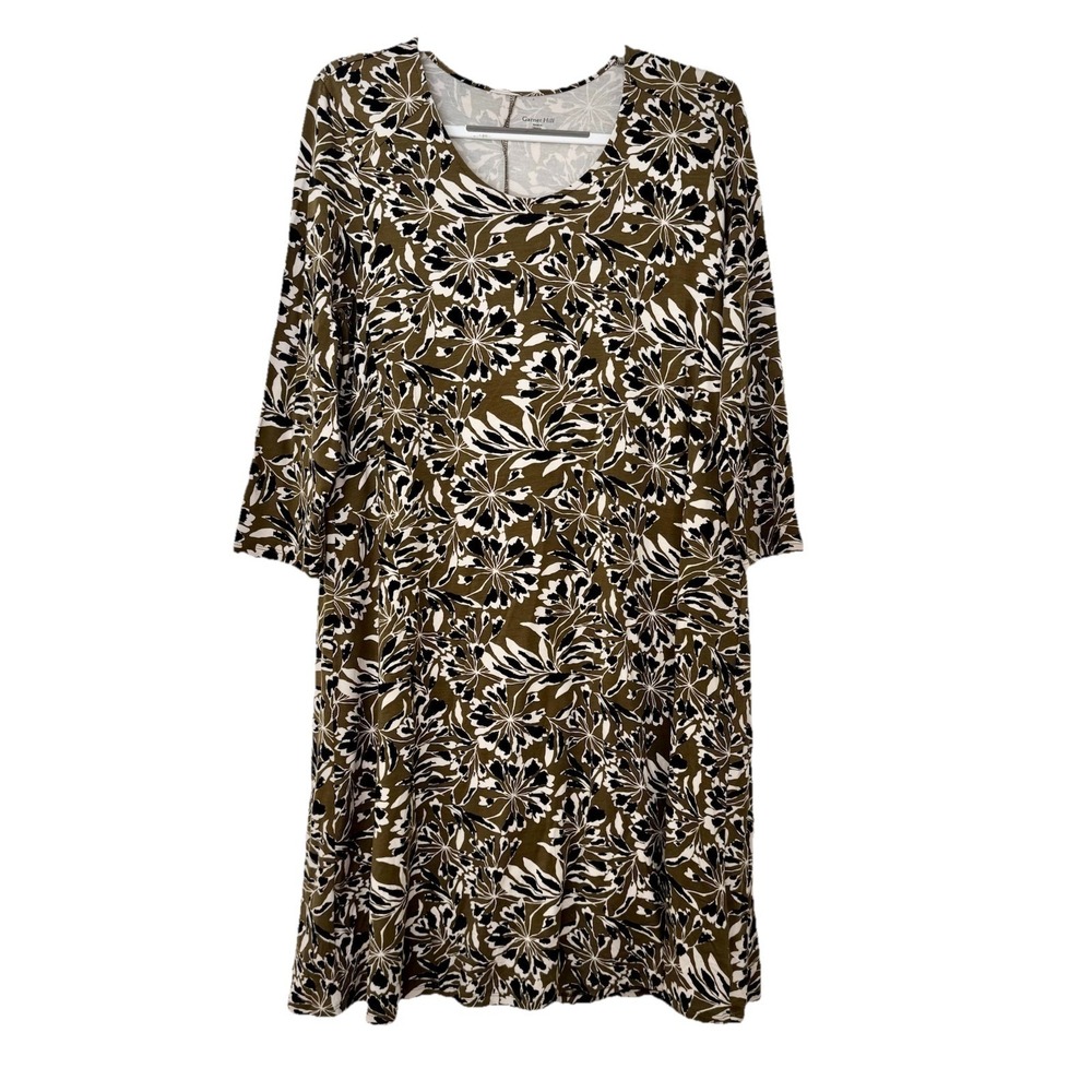 Garnet Hill Women's Large Tencel Midi Swing Dress Trapeze‎ Floral Olive Earthy